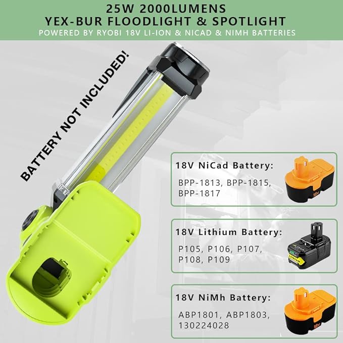 YEX-BUR Flashlight for Ryobi 18V Battery, 25W 2000LM LED Work Light, Portable Floodlights, Camping Light with Hook for Workshop,Garage,Camping,Emergencies