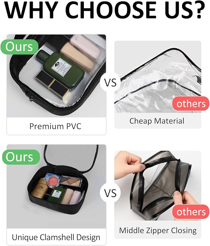Moyad TSA Approved Clear Toiletry Bag with Handle, 2 Pack Quart Size 3-1-1 Liquids Pouch for Travel, Transparent Makeup & Cosmetic Organizer for Women Men, Black