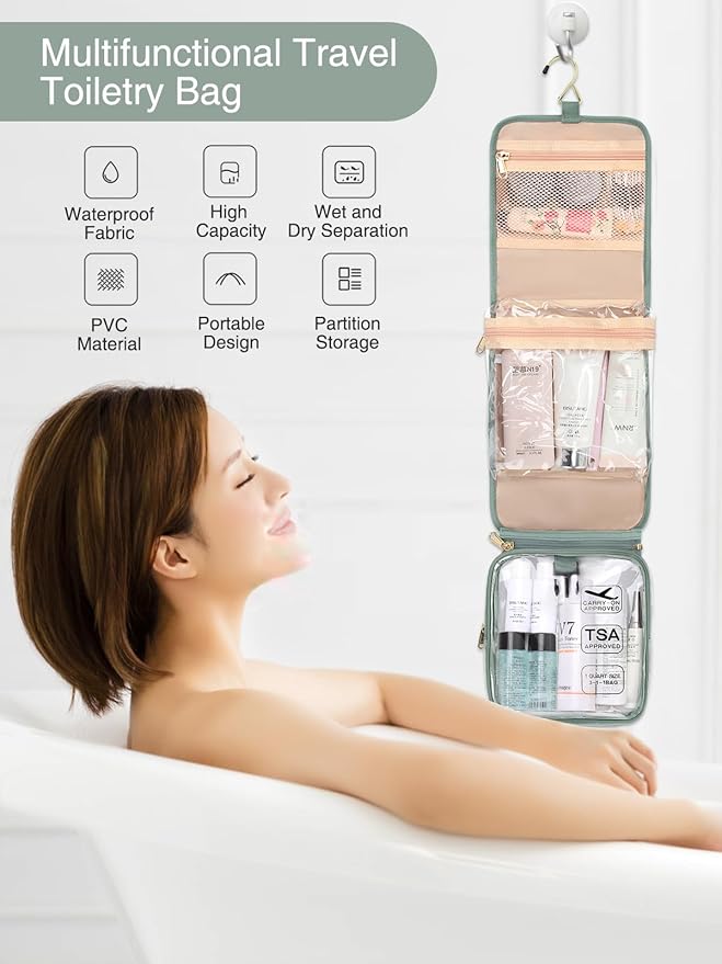 Relavel Travel Toiletry Bag for women with Detachable TSA Approved Toiletry Bag, Compact Hanging toiletry bag with Small Carry On 3-1-1 Clear Waterproof Travel Bags for Toiletries (Green, A Small)