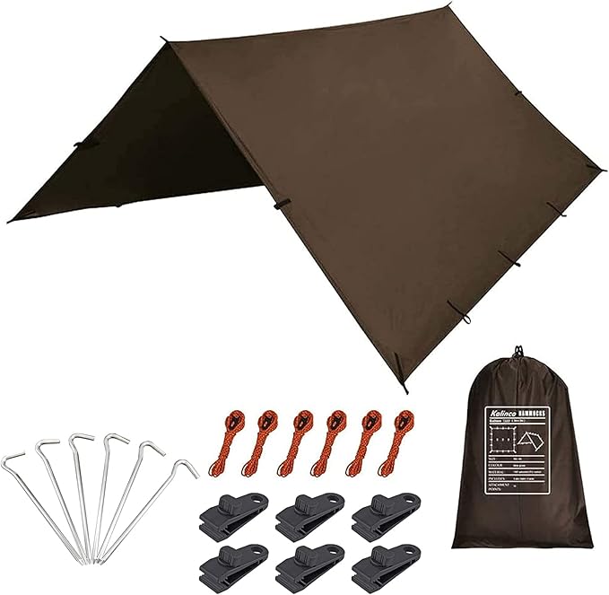 KALINCO Camping Tarp Waterproof, 10X12FT Hammock Rain Fly Tarp Tent, Multifunctional Tent Footprint, Lightweight and Compact for Backpacking, Hiking (Coffee-10X12FT)
