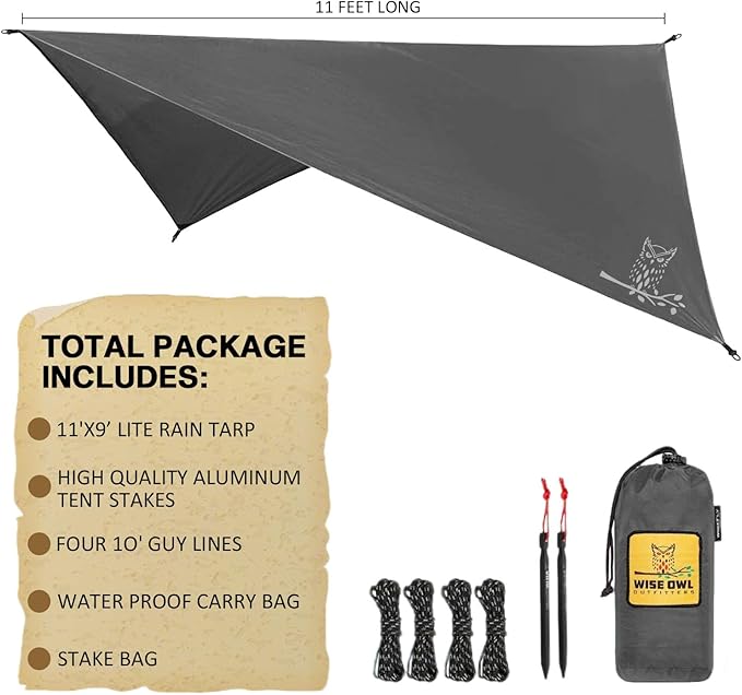 Hammock Tarp - Rain Tarp for Camping Hammock Tent 11 x 9 ft-Camping Gear Must Haves w/Easy Set Up Including Tent Stakes and Carry Bag