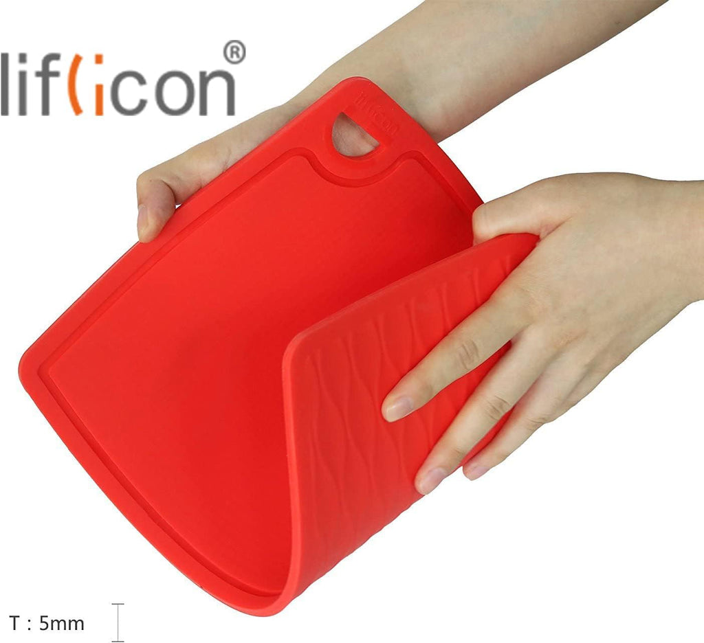 Thick Silicone Cutting Board 12.6'' x 9.1'' Juice Grooves Easy Grip Handle Dishwasher Safe-Red