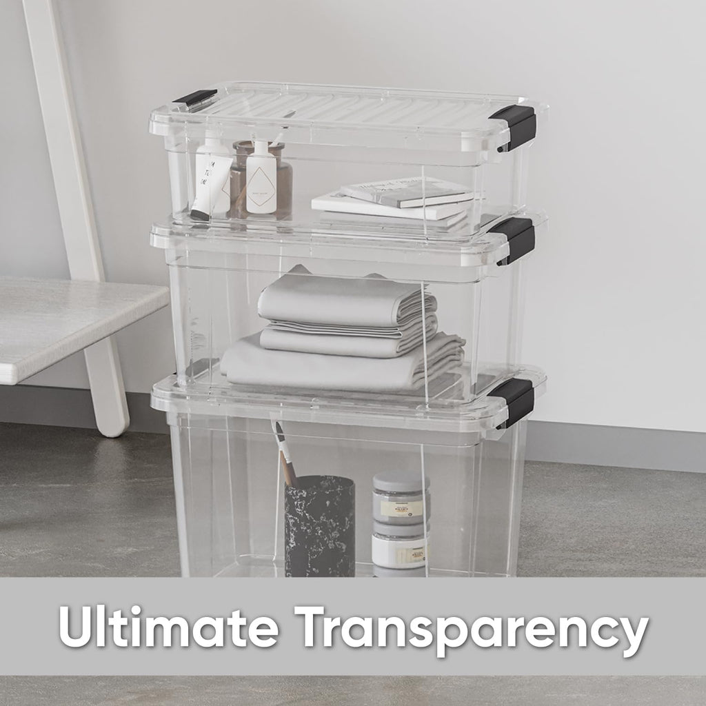 Superio Clear Storage Boxes with Lids, 26.5 Quart Plastic Container Bins for Organizing, Stackable Crates, BPA Free, Non Toxic, Odor Free, Organizers for Home, Office, School, and Dorm