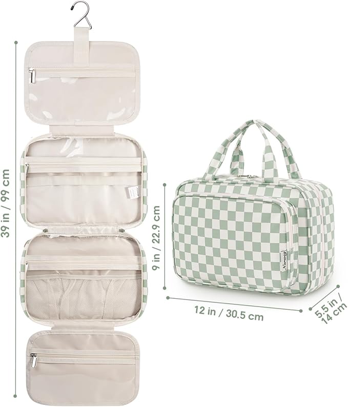 Narwey Travel Toiletry Bag for Women Large Hanging Makeup Bag Organizer Toiletries Bag for Full Size Essentials Accessories Cosmetics (Mint Green Checkerboard (Large))