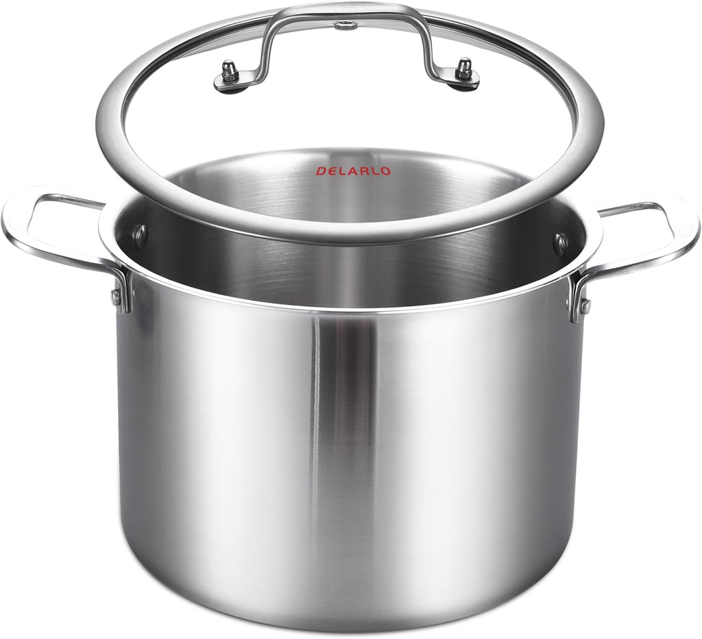 DELARLO Tri-ply Stainless Steel 20QT Stock Pot, Compatible with All Stoves Up to 600℉, 18/10 Induction Big Cooking Pot with Lid, Fast & Even Heating, Durable Large Soup Pot