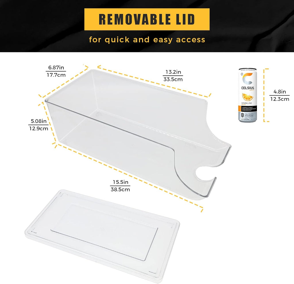 2 Pack Skinny Can Organizer for Refrigerator, Stackable Tall Skinny Soda Pop Can Holder Dispenser with Lid for Fridge Pantry Rack Freezer, Clear Plastic Storage Bins-Holds 12 Slim Cans Each