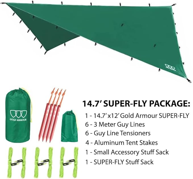 Gold Armour Rainfly Tarp Hammock, Premium 14.7ft/12ft/10ft/8ft Rain Fly Cover, Waterproof Ultralight Camping Shelter Canopy, Survival Equipment Gear Camping Tent Accessories (Green 14.7ft x 12ft)