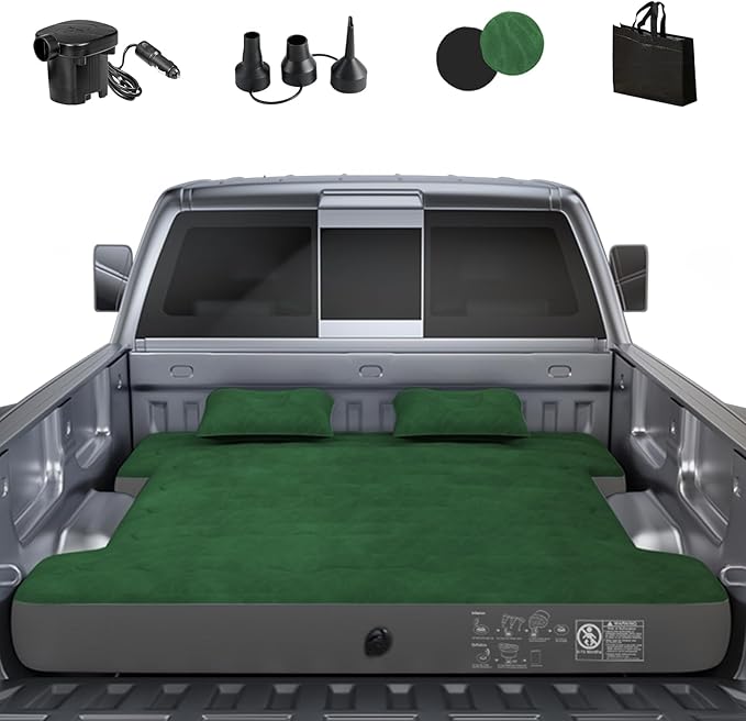 Truck Bed Air Mattress, Full Size Truck Beds, Inflatable Air Mattress with Air Pump 2 Pillows, Carry Bag, Pickup Bed Mattress for Chevrolet Silverado, Dodge Ram, Ford, Green