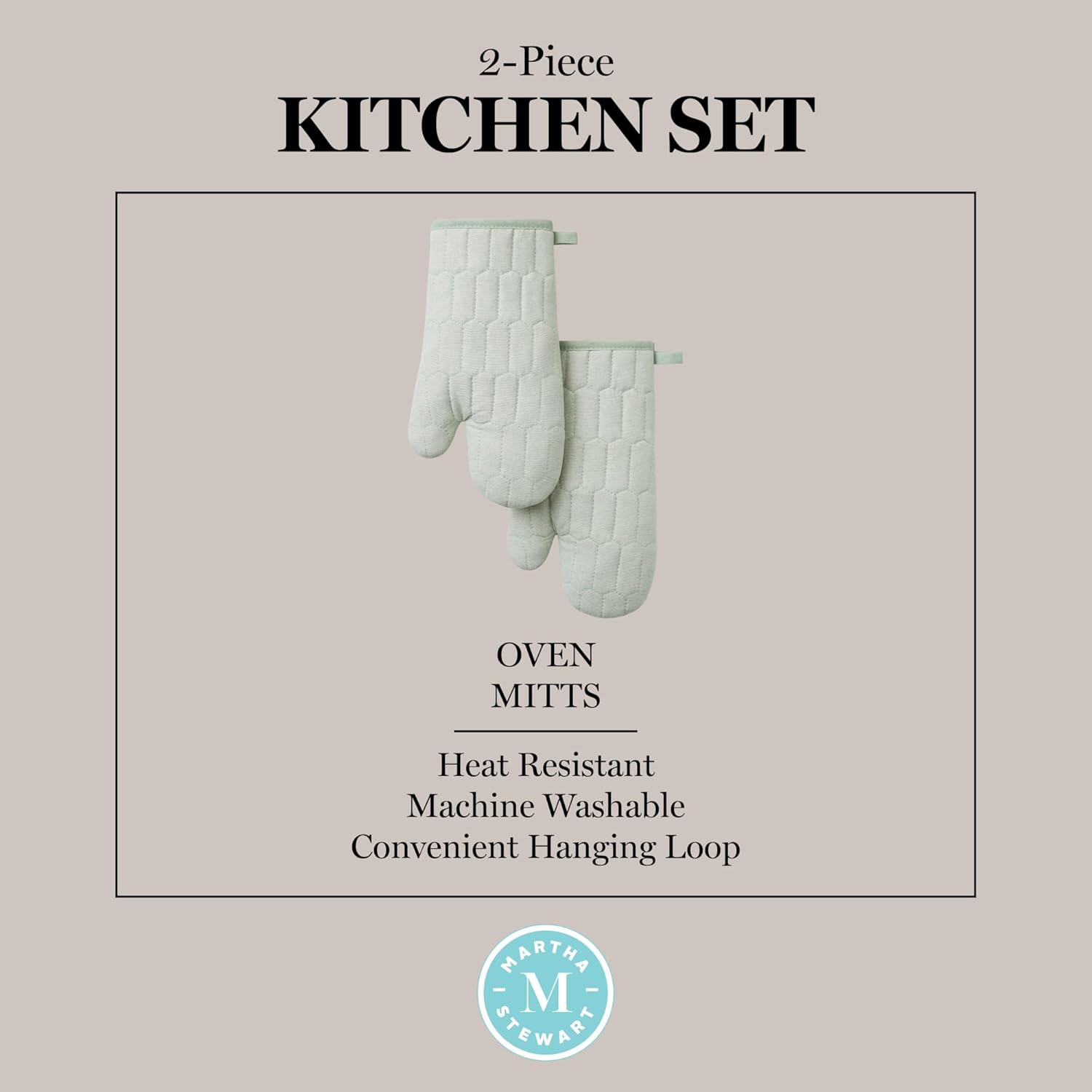 MARTHA STEWART Honeycomb Quilted Chambray Oven Mitt 2-Pack Set, 100% Cotton, Heat Resistant, Flexible Grip, Mint Green, 7"x13"