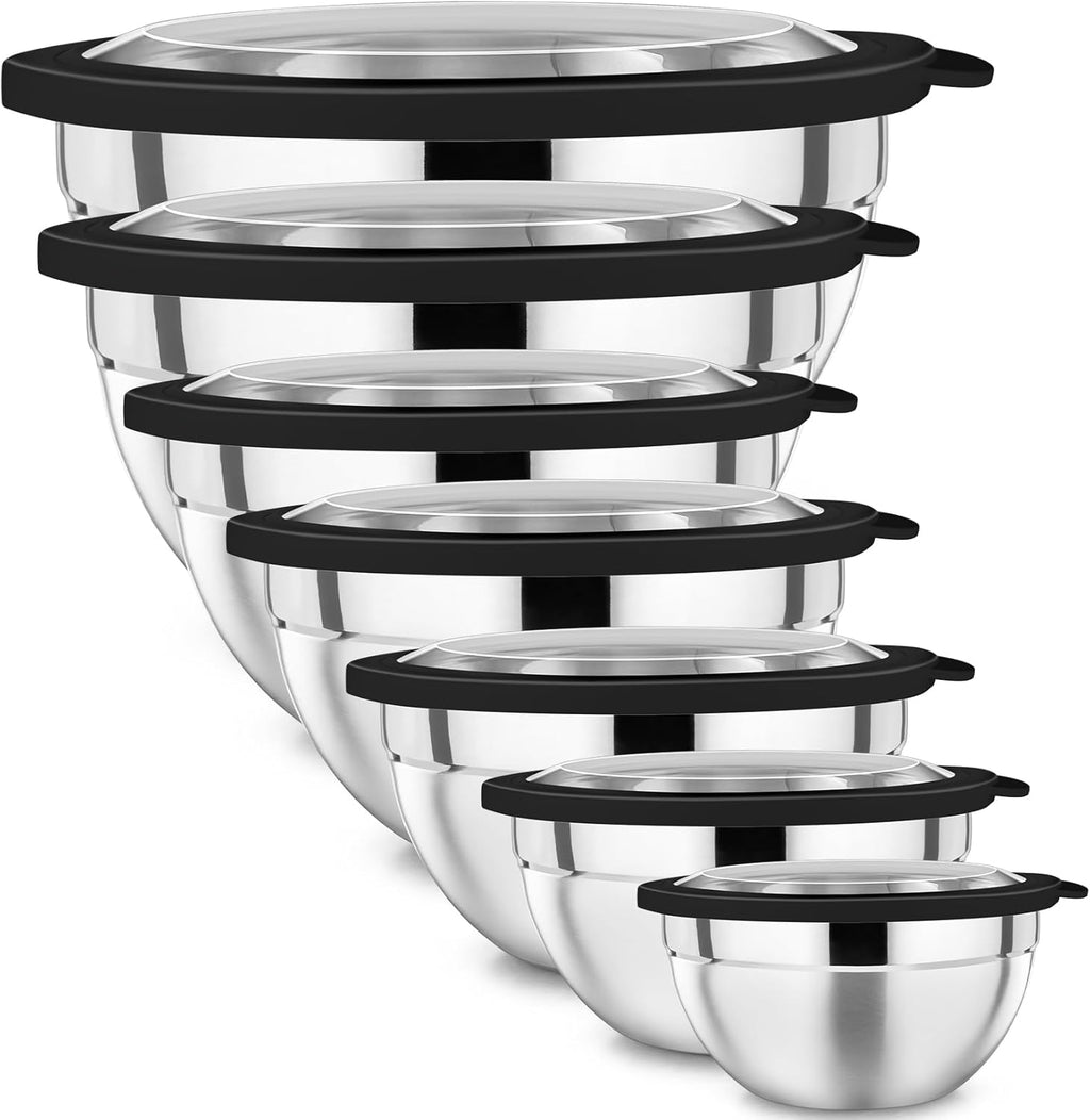 P&P CHEF Mixing Bowl with Lid Set of 7, Stainless Steel Nesting Salad Bowls for Cooking Serving Prepping, Clear Lids & Stackable Design, Size 4.6, 3.5, 3, 2, 1.5, 1, 0.7 Qt - Black
