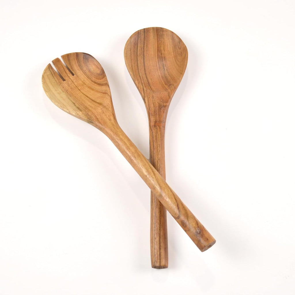 The Fine Living Co. Acacia Salad Servers, 11 Inches Wooden Spoon, Handcrafted Kitchen Utensils for Mixing, Tossing, Cooking (2-Piece Set, Natural)