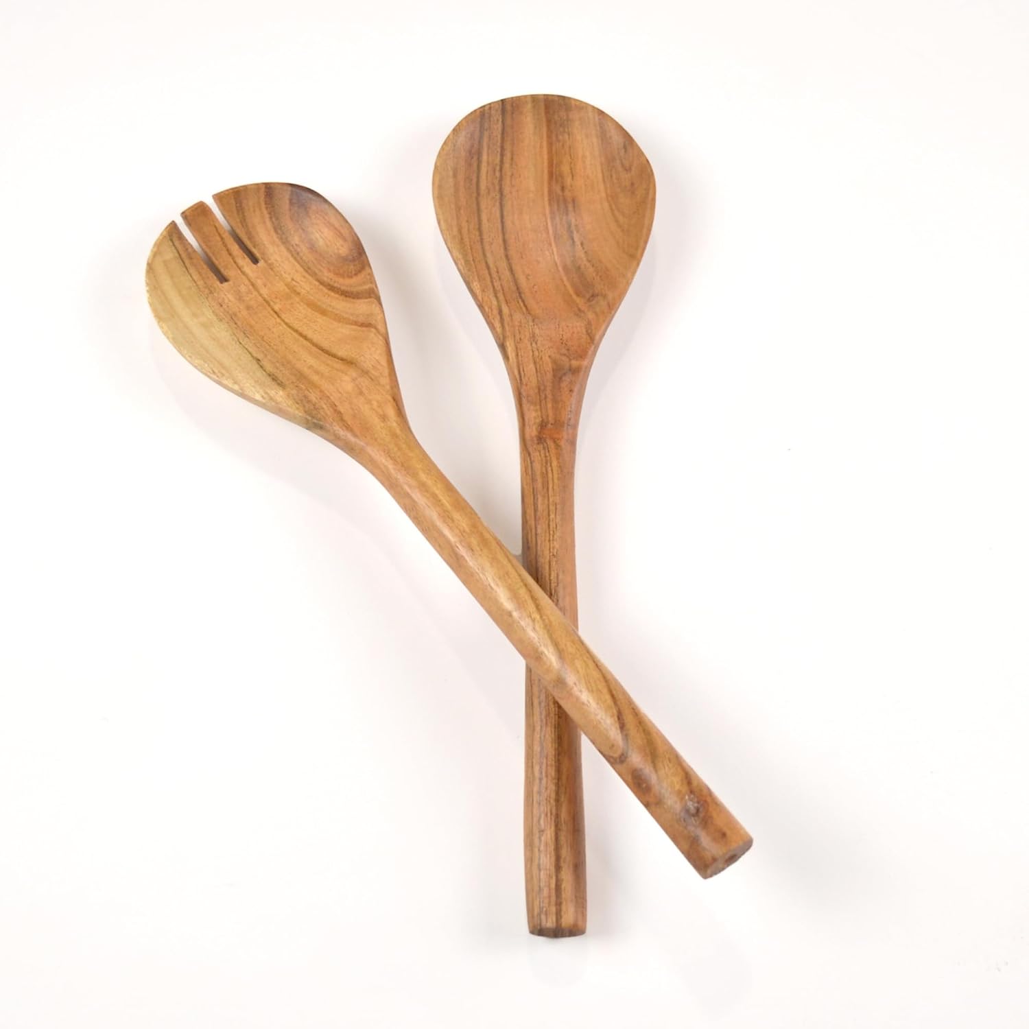 The Fine Living Co. Acacia Salad Servers, 11 Inches Wooden Spoon, Handcrafted Kitchen Utensils for Mixing, Tossing, Cooking (2-Piece Set, Natural)