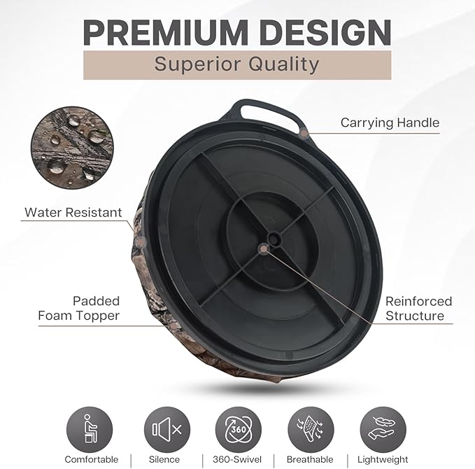 5 Gallon Bucket Seat for Yeti Bucket Only, Swivel Bucket Lid with Padded Top for Cozy Sitting, Bucket Seat Cushion for Outdoor Fishing,Hunting,Gardening, Baseball Training, Camo Leaves