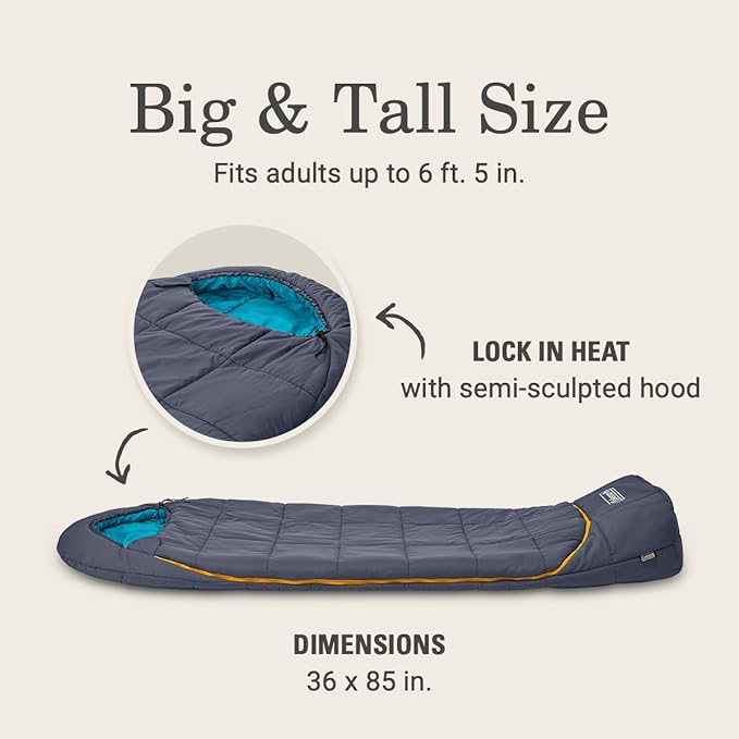 Coleman Big Bay 20°F Sleeping Bag, Adult Mummy Sleep Sack with Headrest