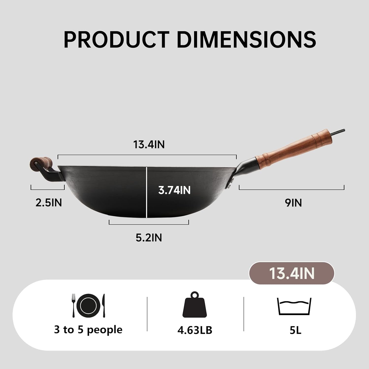 WANGYUANJI Cast Iron Pot,13.4 inch Craft Wok Chinese Wok,Flat Bottom Iron Woks with Lid,Fry Pan Suitable for Induction, Electric, Gas, Halogen All Stoves-Black