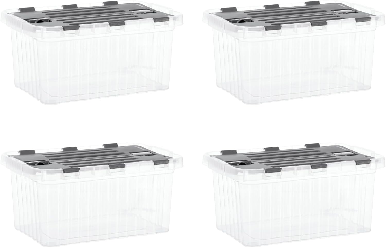 Superio Clear Storage Boxes with Attached Lids, Plastic Container Bins with Hinged Lids for Organizing, Stackable Crates, BPA Free, Non Toxic Organizers (4 Pack, 17"x11.65"x8.75")