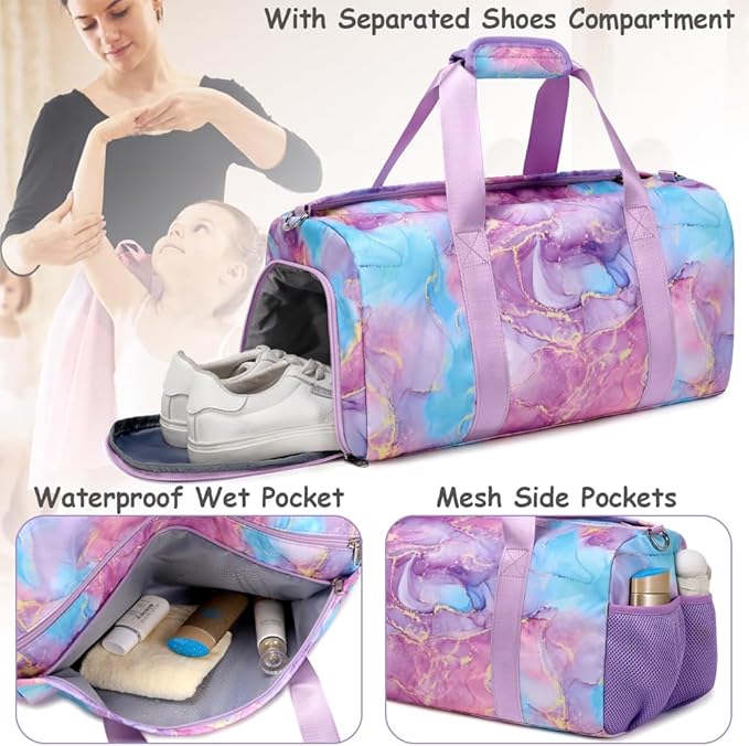 Dance Bag for Girls Gym Bag Sports Duffle Bag with Shoes Compartment Wet Pocket Weekender Overnight Bag for Girls Women Teens Travel Duffle Bag Water Resistant