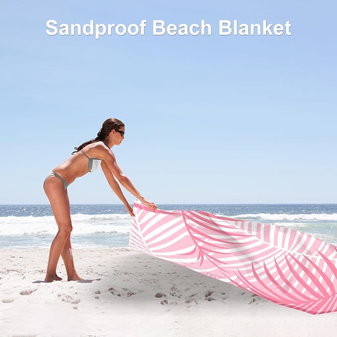 110''×118'' Pink Beach Blanket 2-8 Adults, Large Waterproof Sandproof Beach Mat w/ Stakes & Pockets, Polyester Compact Foldable Sand Free Camping Picnic Blanket for Outdoor, Grass, Park - Palm Leaves