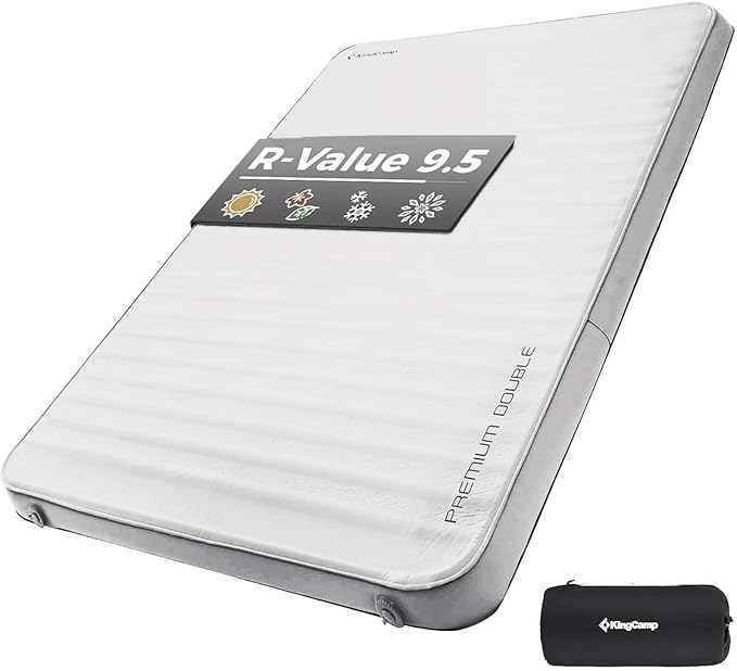KingCamp Double Sleeping Pad, 2 Person Queen R 7.9 Self Inflating Sleeping Pad, 3" Ultra Thick Full Size Foam Mattress Mat with Pump Sack for Camping Outdoor Tent Car, PVC Free (Lightgrey/Charcoal)