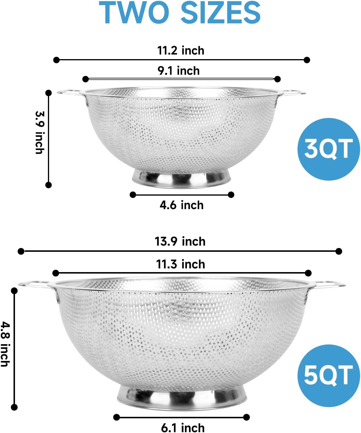 2PCS Colander for Kitchen, 3QT and 5QT, Stainless Steel Colander Strainer with Handle for Fruits Vegetables Cooking Food, Dishwasher Safe