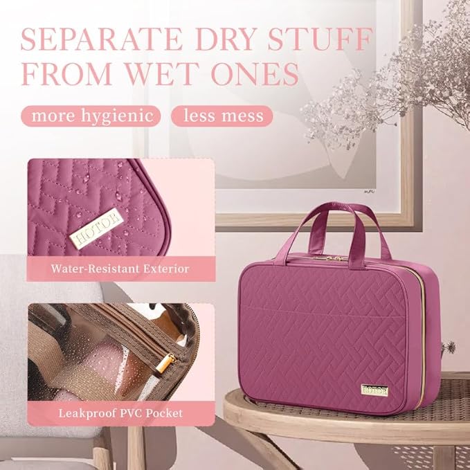 HOTOR Travel Toiletry Bag w/Hanging Hook - Spacious Toiletry Bag Essentials for Women & Men, Makeup Bag/Big Comparment, Waterproof for Travel Accessories, Medium, Rosewood-Pink