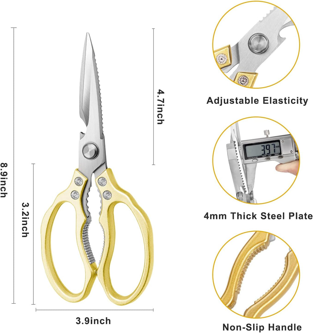Kitchen Scissors, Heavy Duty Sharp Kitchen Shears Dishwasher Safe, Kitchen Accessories Cooking Shears for Kitchen Meat Chicken Fish Poultry Herb Bread (gold)