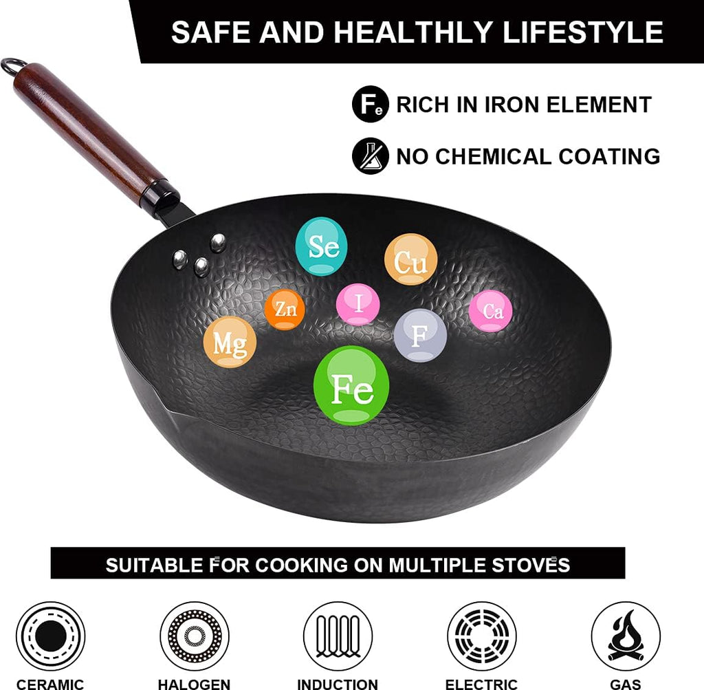 12.8" Carbon Steel Wok-11Pcs Woks & Stir Fry Pans Wok Pan with Lid, No Chemical Coated Chinese Woks with 10 Cookware Accessories, Flat Bottom Wok for Electric, Induction,Gas Stoves