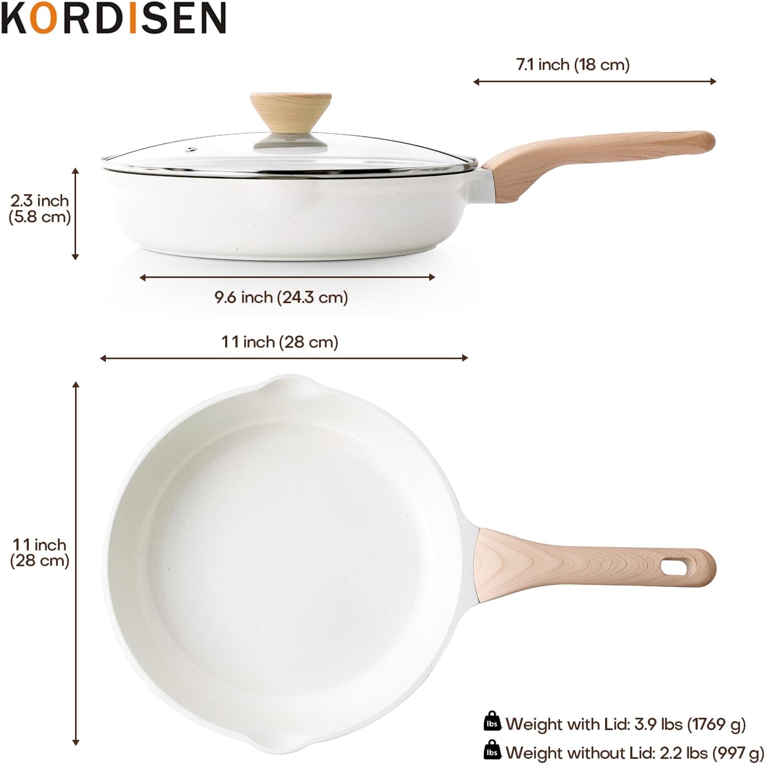 Nonstick Ceramic Frying Pan with Lid, 11 Inch Ceramic Skillet with Lid, Healthy Non Toxic Cooking Pan, Stay-Cool Handle, Induction Compatible, PFOA & PFAS Free, White