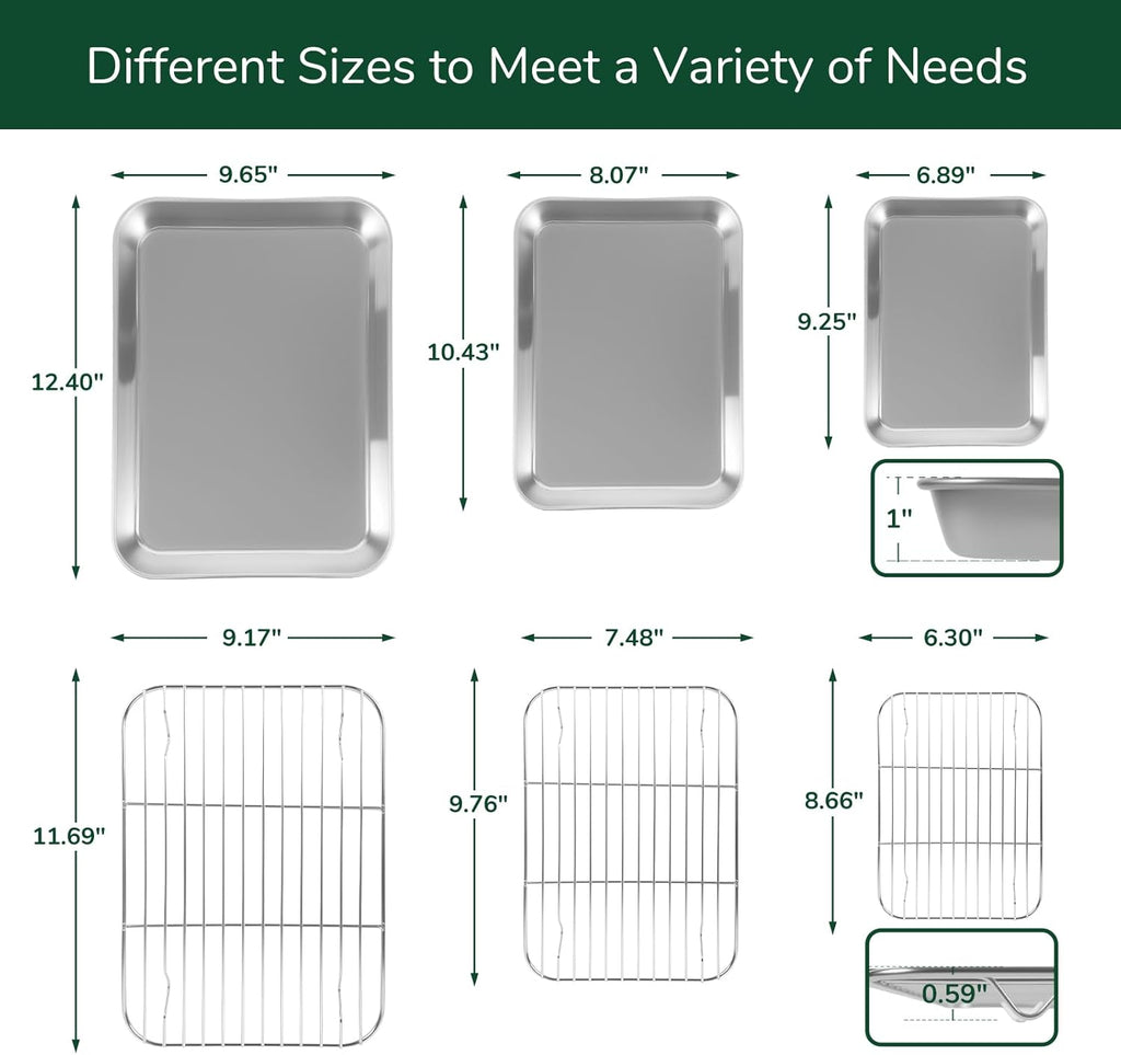 18/0 Stainless Steel Baking Sheet with Cooling Rack, Oven-Safe Non-Toxic Cookie Sheets for Baking, Set of 6, Coating Free & Rust Resistant for Healthy Family Baking, Easy to Clean, Heavy-Duty