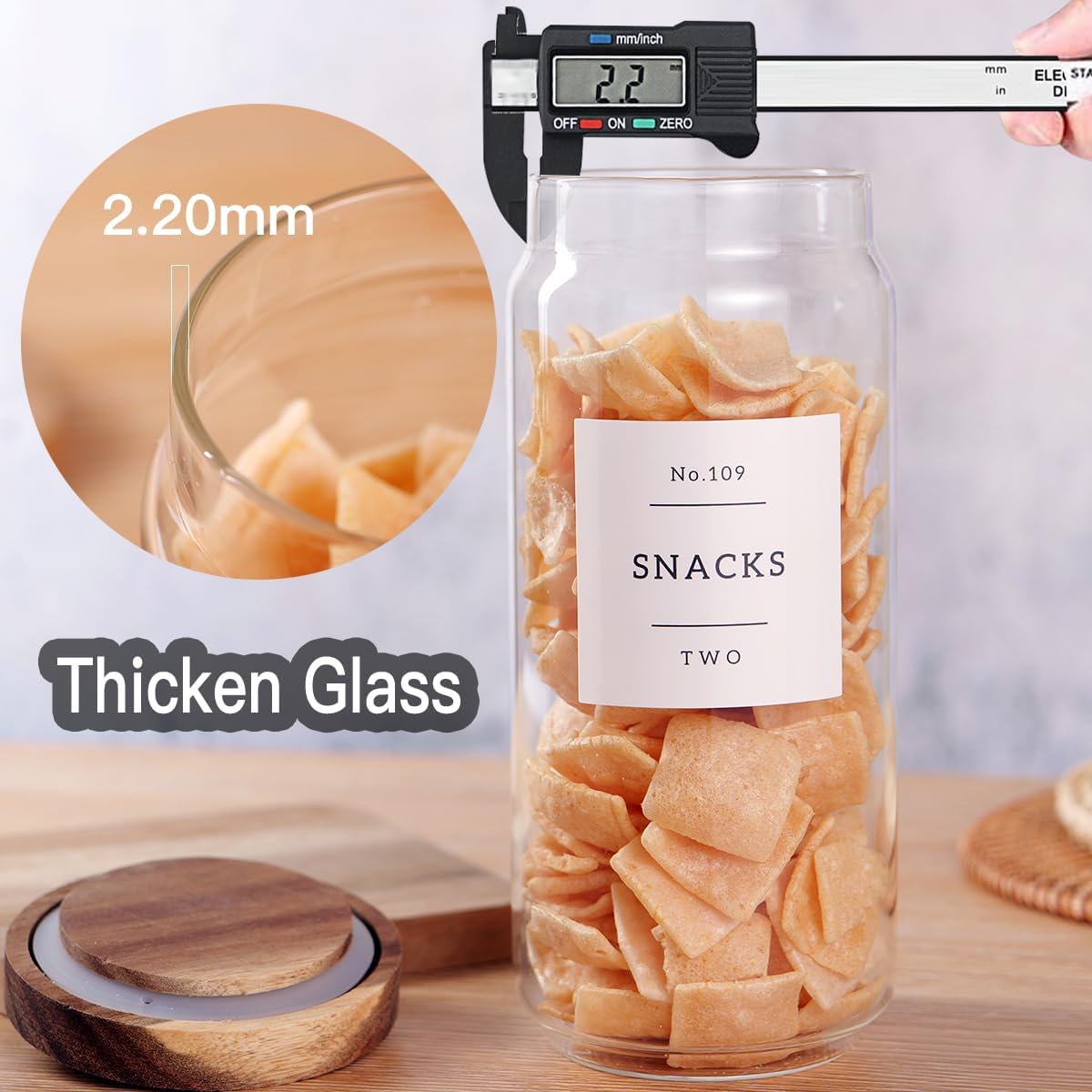 3 Set Glass Pantry Storage Jars with Acacia Airtight Lid - 35oz Thicken Glass Kitchen Canisters with 132 Pantry Labels - Clear Food Storage Containers with Wood Lid for Tea,Sugar,Cookie,Pasta