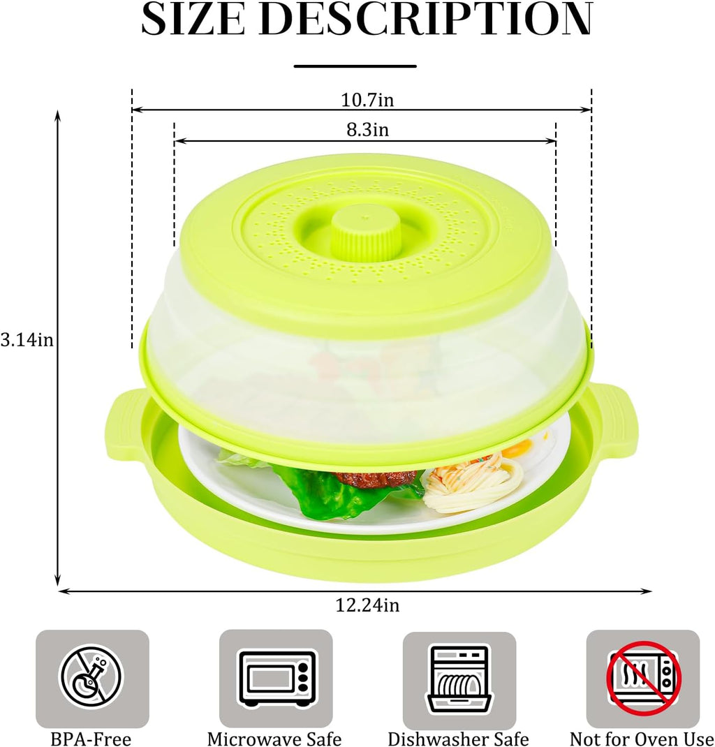 10.7 Inch Microwave Food Cover with Heat Insulation Mat, Anti-Scald Collapsible Microwave Splatter Cover, Multi-Functional as Colander & Fruit Plate, Dishwasher Safe, Ideal for Meal Prep (Green)