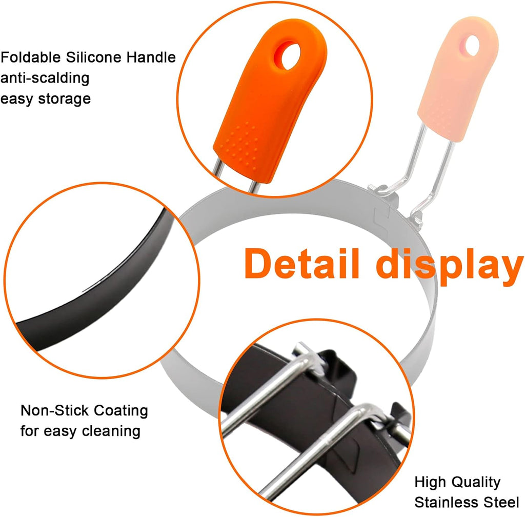 6Pcs Egg Ring Pancake Ring Stainless Steel Omelet Molds Set, Pancake Shapers with Silicone Handle for Breakfast Used to Make Pancakes, Sandwiches, Burgers (Round Style,4 Inch, 6 Inch, 8 Inch)