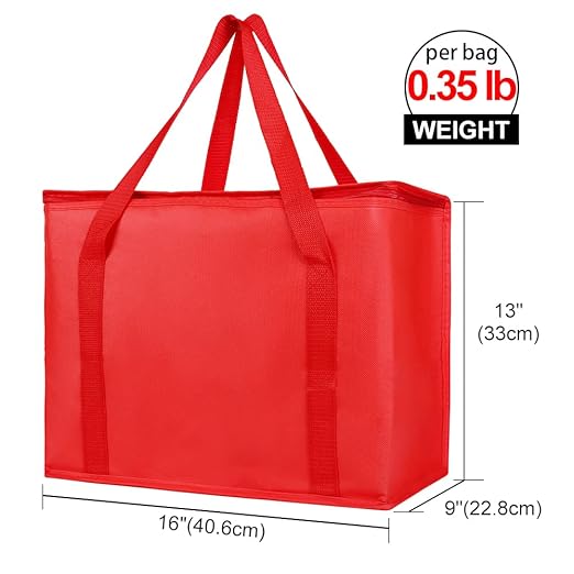 2-Pack Insulated Reusable Grocery Bag with Zippered Top, X-Large Insulated Food/Pizza Delivery Bag, Bodaon Frozen Foods Cold, Cooler Shopping Bags, Red