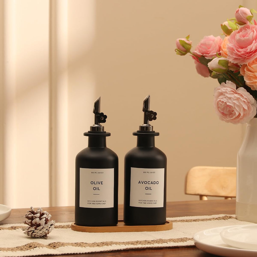 HOMCDALY Olive Oil Dispenser for Kitchen, 11.8oz Glass Kitchen Dispenser Bottle, Black Oil&Vinegar Cruet Set, Leakproof Olive Oil Bottles | Set of 2 (11.8oz – Black)