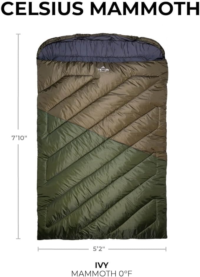 Teton Mammoth Queen Size Double Sleeping Bag- A Warm Bag The Whole Family can Enjoy – Great for Camping, Hunting and Base Camp. Compression Sack Included