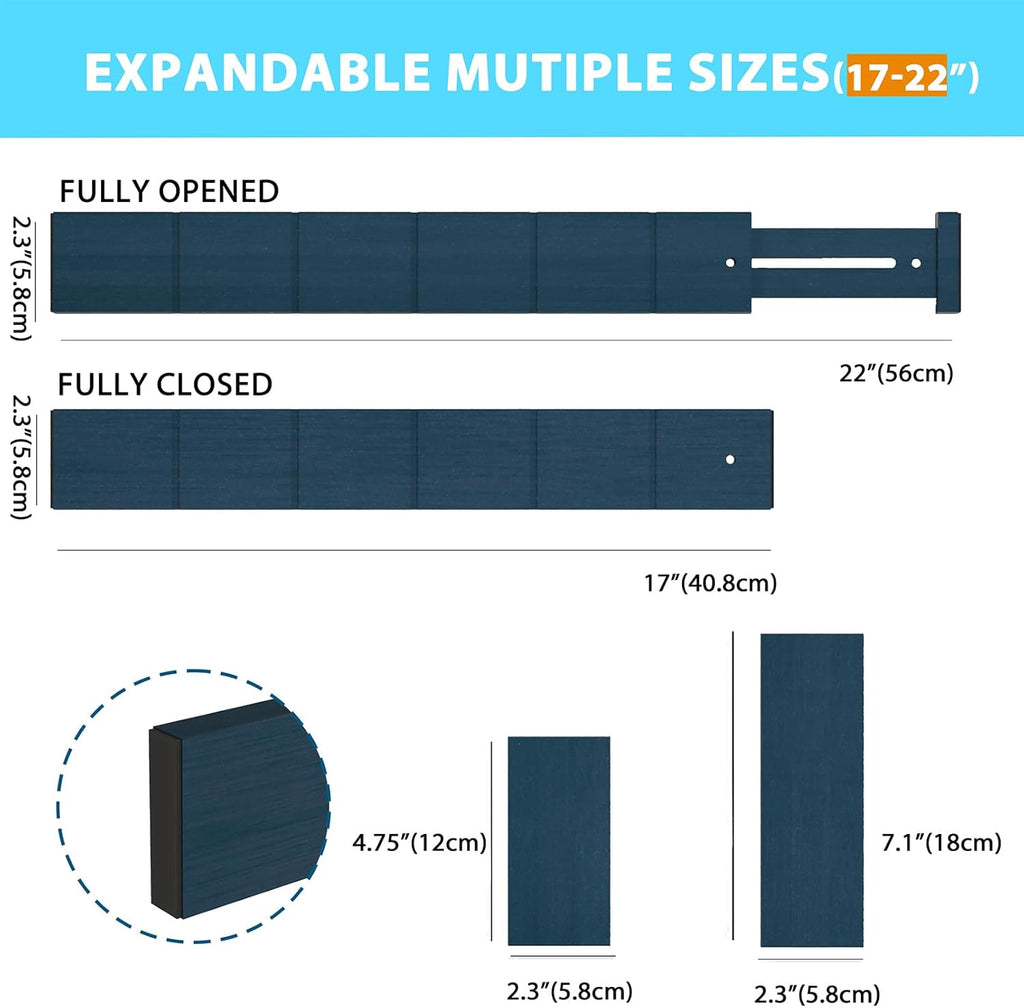 6 Pack Bamboo Drawer Dividers with 12 Inserts, Expandable Adjustable Clothes Drawer Organizers and Storage from 17" to 22" for Kitchen, Bedroom, Dresser, Cosmetics (Navy Blue)