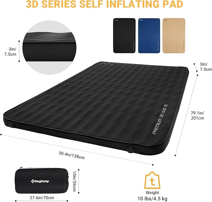 KingCamp Self Inflating Sleeping Pad Double Camping Foam Mattress 3" Thick 11 R Value Luxury 3D Sides Air Camping Pad Queen, 79"x50.4",Black