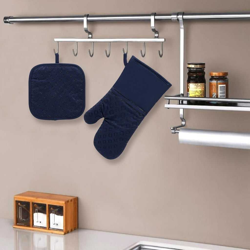 Set of 4 Oven Mitts and Pot Holders, 482 F Heat Resistant Hot Plate Moving Non-Slip Gloves for BBQ, Grill, Baking, Cooking, Oven, Microwave (Deep Blue)