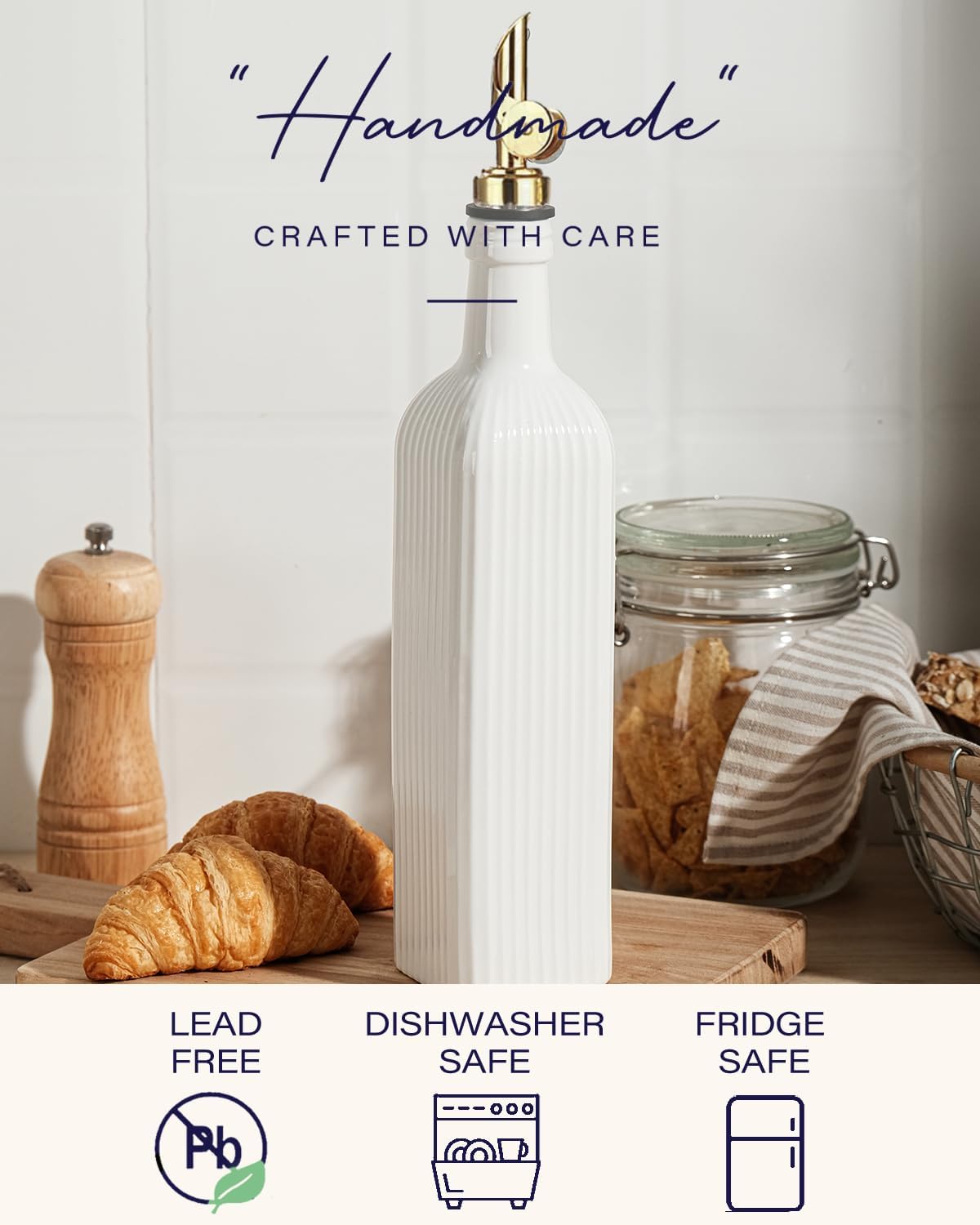 getstar 18 oz Olive Oil Dispenser Bottle for Kitchen, Ceramic Oil Bottle with Automatic Stainless Steel Pourer (Golden Pourer)