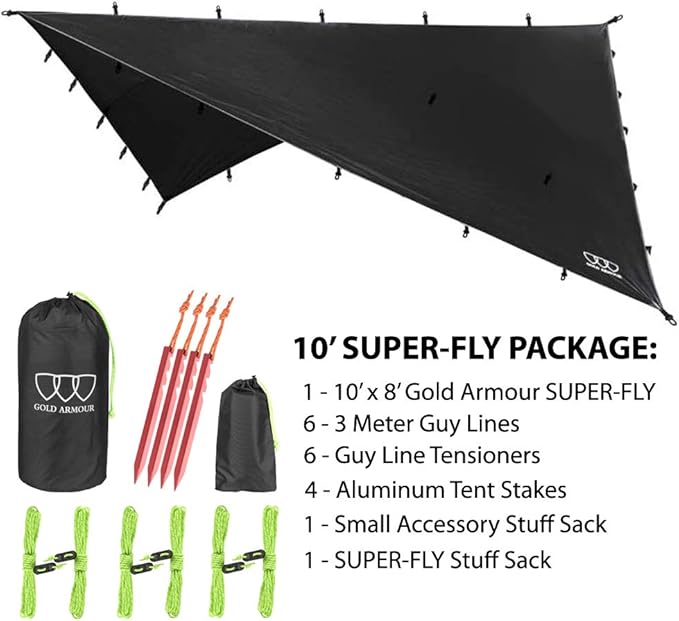Gold Armour Rainfly Tarp Hammock, Premium 14.7ft/12ft/10ft/8ft Rain Fly Cover, Waterproof Ultralight Camping Shelter Canopy, Survival Equipment Gear Camping Tent Accessories (Black 10ft x 8ft)