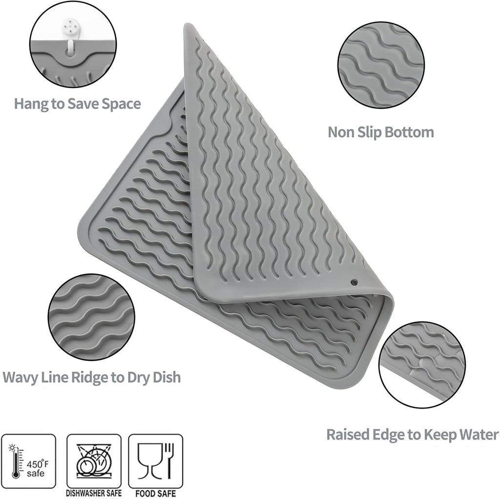 Silicone Dish Drying Mat for Multiple Usage,Easy clean,Eco-friendly,Heat-resistant Silicone Mat for Kitchen Counter or Sink,Refrigerator or Drawer liner Grey M 12 inches x 12 inches