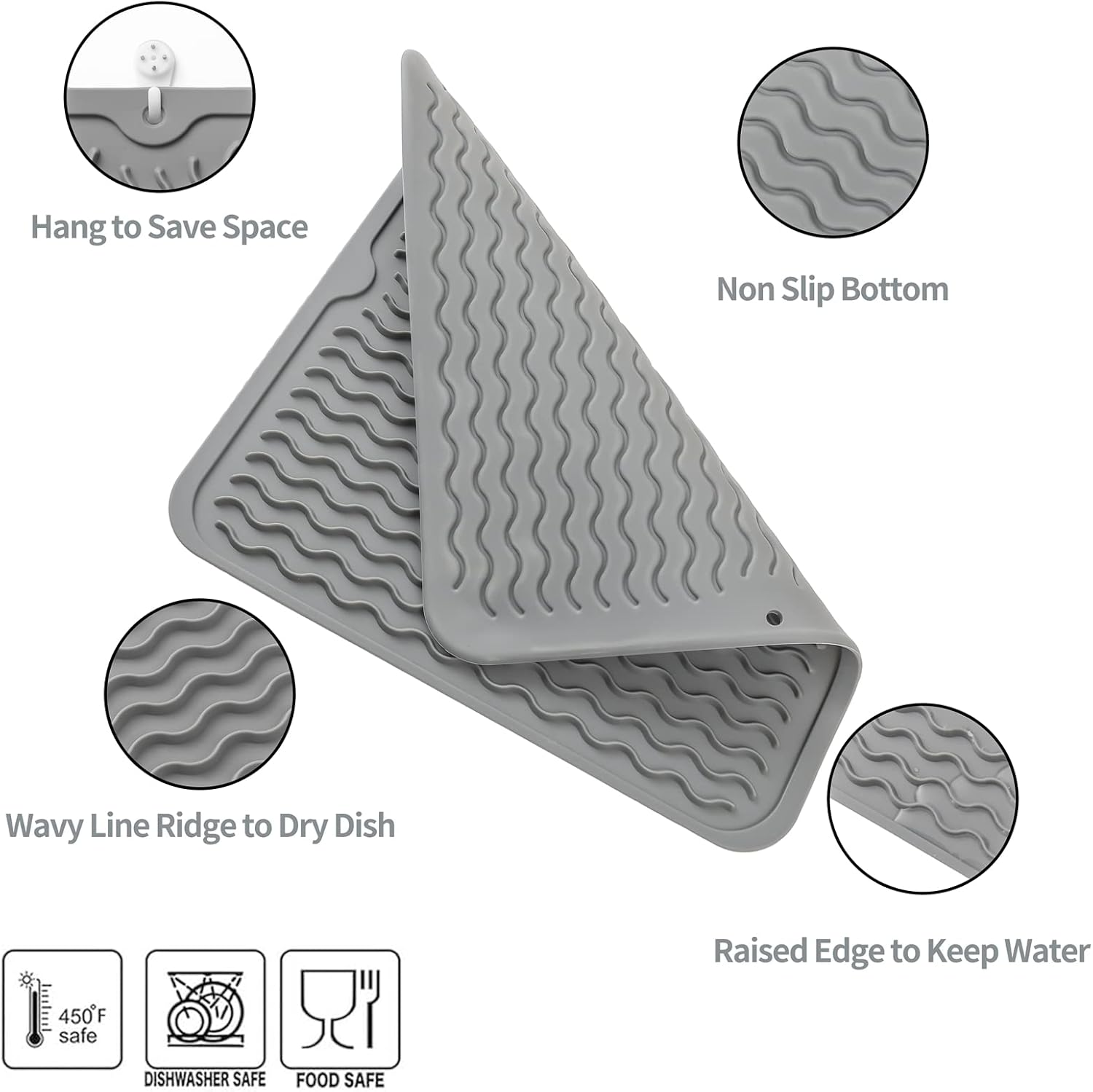 Silicone Dish Drying Mat for Multiple Usage,Easy clean,Eco-friendly,Heat-resistant Silicone Mat for Kitchen Counter or Sink,Refrigerator or Drawer liner Grey M 12 inches x 12 inches