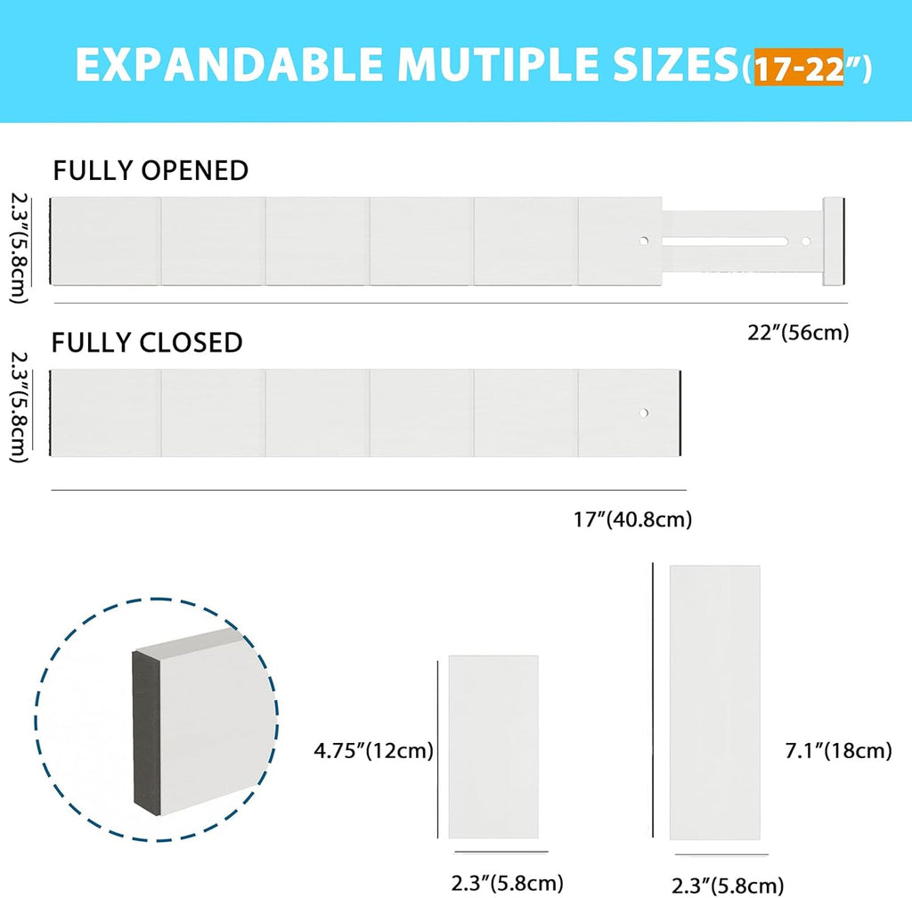 6 Pack Bamboo Drawer Dividers with 12 Inserts, Expandable Adjustable Clothes Drawer Organizers and Storage from 17" to 22" for Kitchen, Bedroom, Dresser, Cosmetics (White)