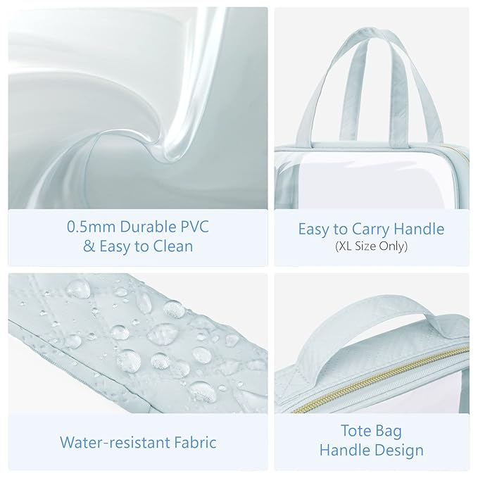 PACKISM Clear Toiletry Bags - 3 Pack Makeup Bags with Handle, Large Opening, Waterproof Cosmetic Bags for Travel Essentials, Grayish Blue