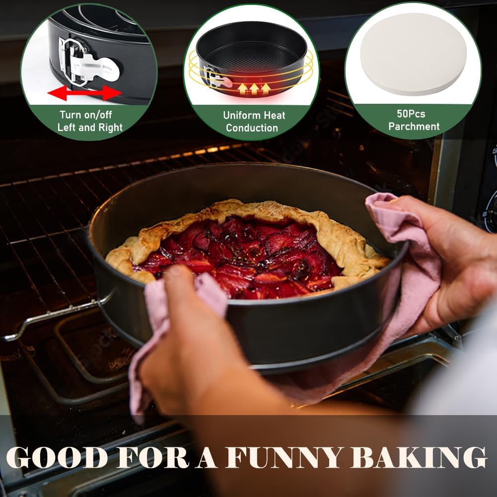 Tellshun 9 Inch Springform Pan Tin with 50pcs Parchment Paper Cheesecakes Baking Mold Round Leakproof Nonstick Removable Bottom Bakeware for Pie Cake Pizza and Quiches