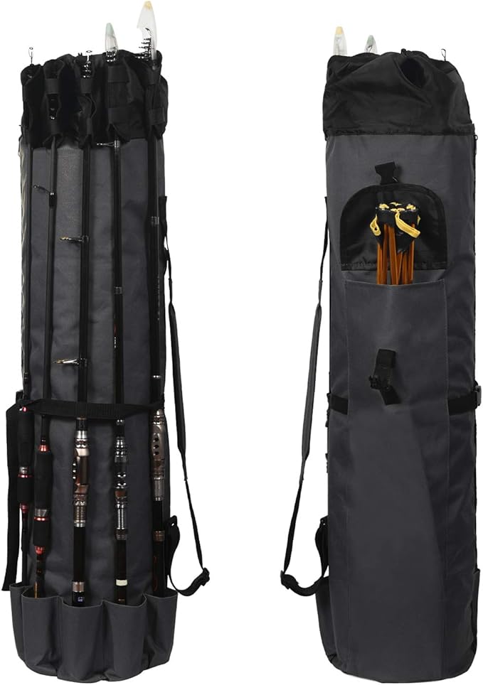 LEADALLWAY Portable Fishing Rod Case - Durable Folding Oxford Fabric Tackle Carry Bag - Multifunction, Large Capacity, Waterproof - Holds 5 Poles