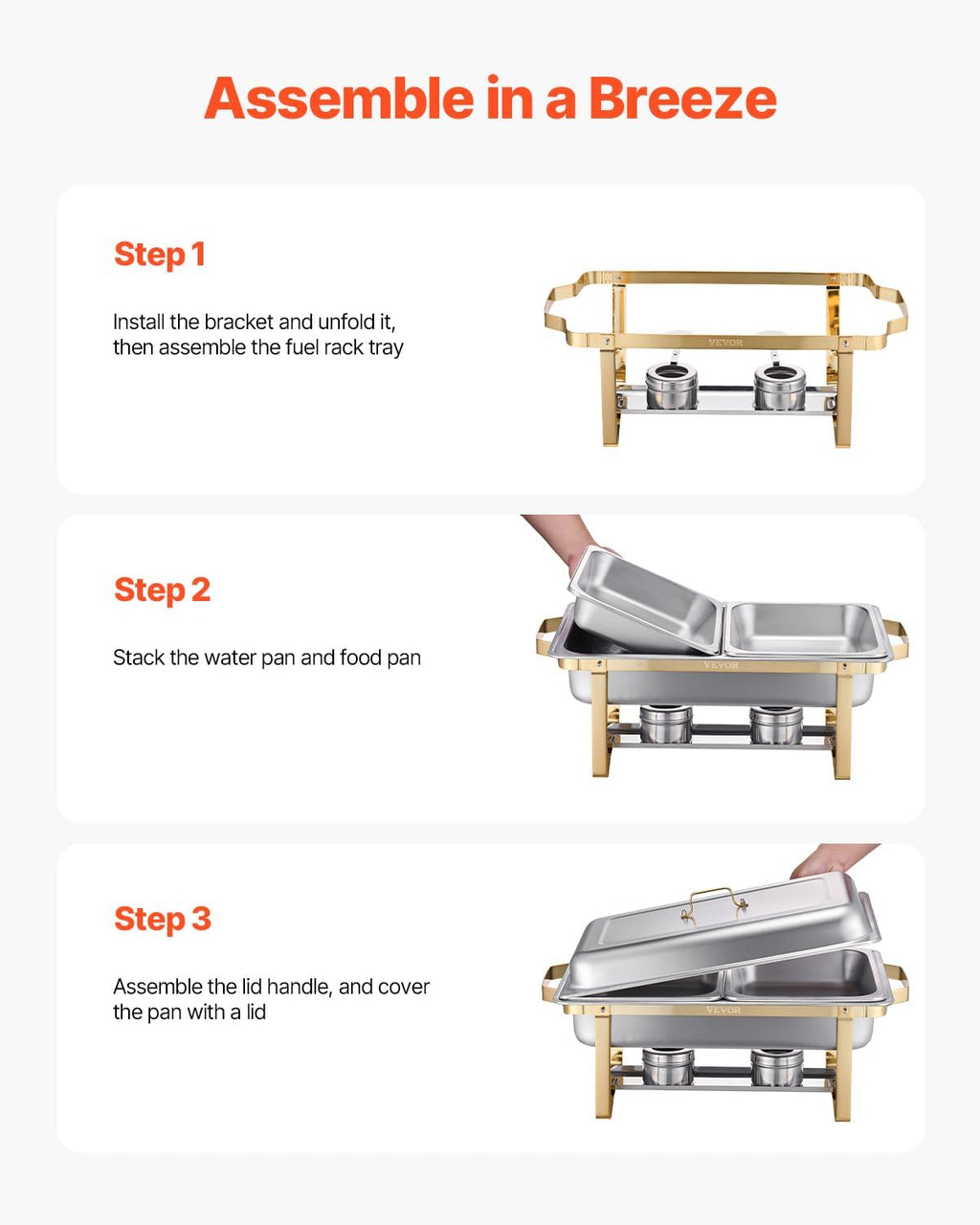 VEVOR Chafing Dish Buffet Set, 8 Qt 4 Pack, Stainless Steel Chafer with 2 Full Size and 4 Half Size Pans, Rectangle Catering Warmer Server with Lid Water Pan Stand, for Weddings Parties Banquets, Gold