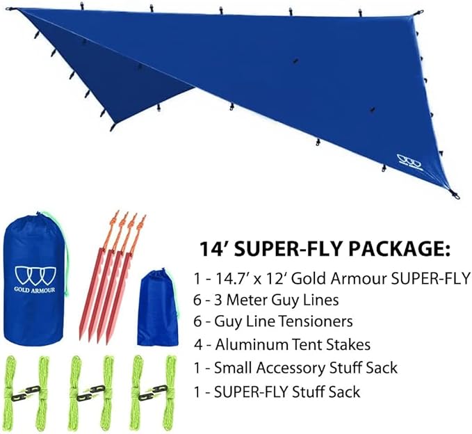 Gold Armour Rainfly Tarp Hammock, Premium 14.7ft/12ft/10ft/8ft Rain Fly Cover, Waterproof Ultralight Camping Shelter Canopy, Survival Equipment Gear Camping Tent Accessories (Blue 14.7ft x 12ft)