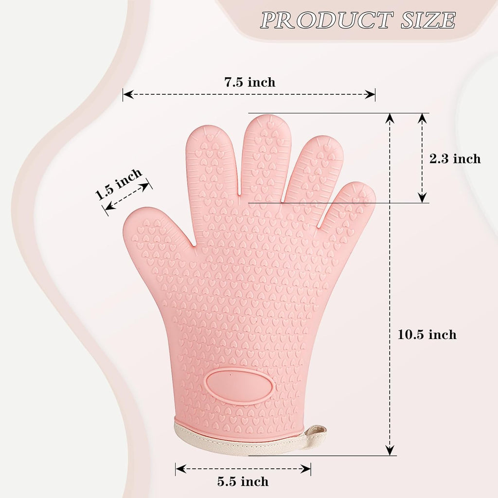 Oven Mitts with Fingers, Heat Resistant 500°F, Waterproof & Non-Slip Kitchen Gloves for Baking, Grilling, Cooking.5-Finger Design with Soft Lining, Hanging Hook,Pink
