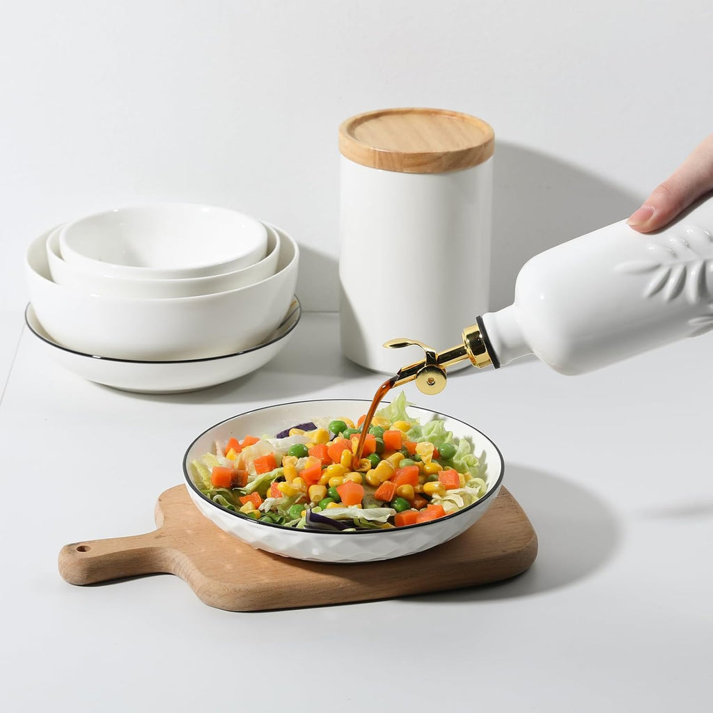 Sweejar 18 Oz Oil Dispenser for Kitchen with Gravity Spout, Ceramic Olive Oil Dispenser Bottle, Relief Opaque Vinegar Container for Evoo, Vinegar, Soy Sauce, Pack of 1(White, Gold Spout)